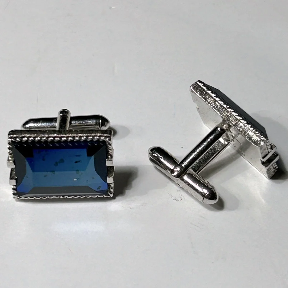 Swank Silver Tone Rectangular with Blue Stone Cufflinks